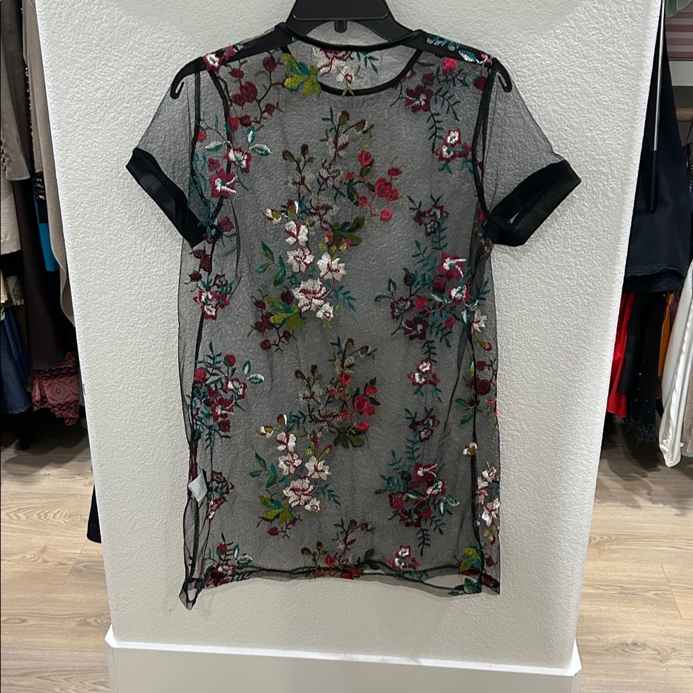 Floral Embroidered Sheer Black Top